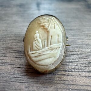 Antique 19thC Mini Victorian Carved Bone Cameo Brooch Landscape w figure